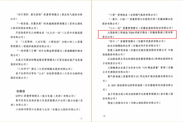 安徽路港荣登“苏浙皖赣沪先进质量治理要领100佳榜”