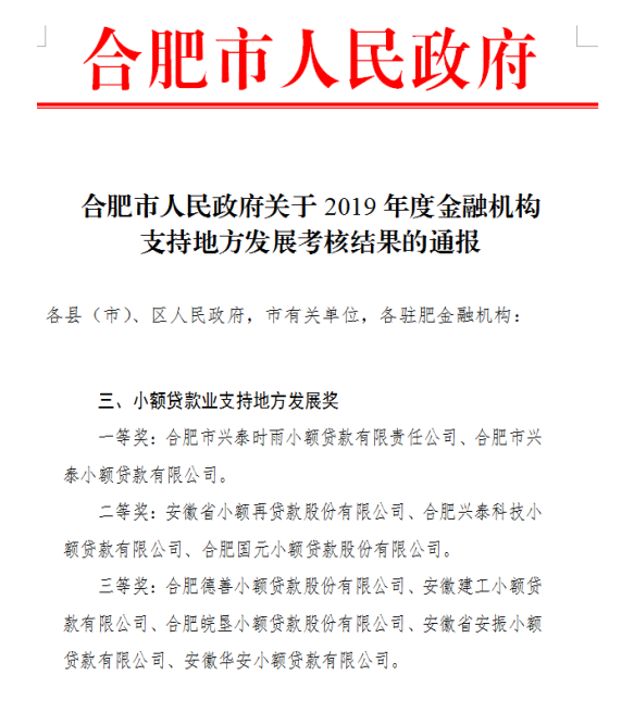 安建小贷再次荣获合肥市政府支持地方生长奖