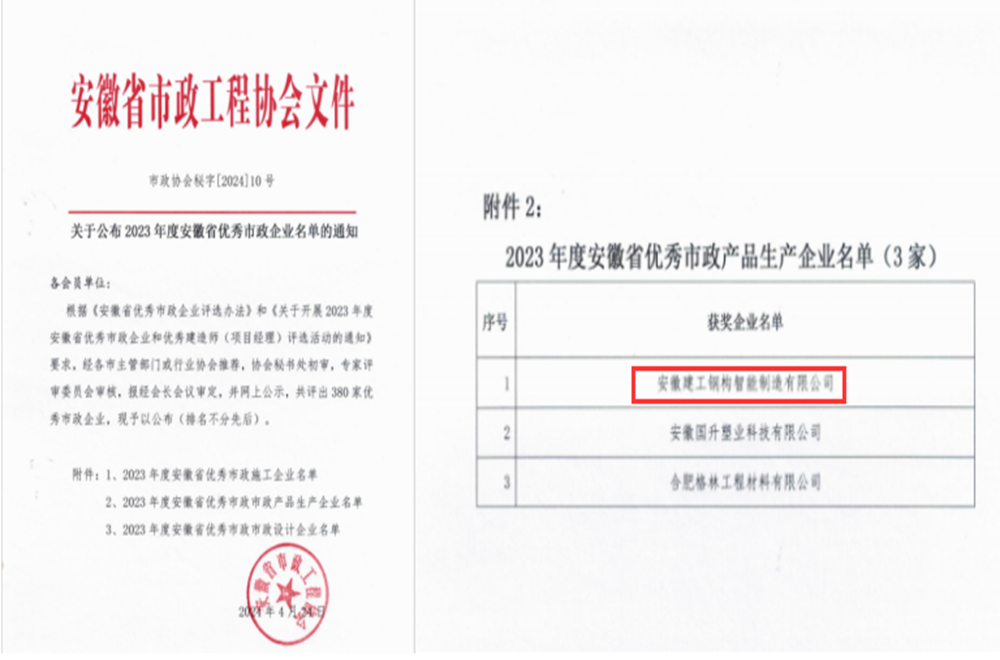 365英国上市钢构芜湖公司一连两年上榜安徽省优异市政企业名单